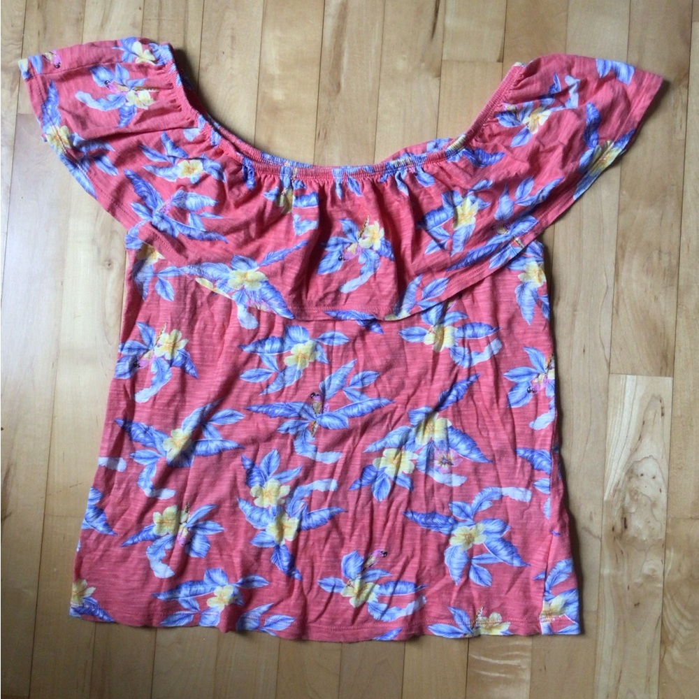 Off Shoulder Tropical Print Shirt